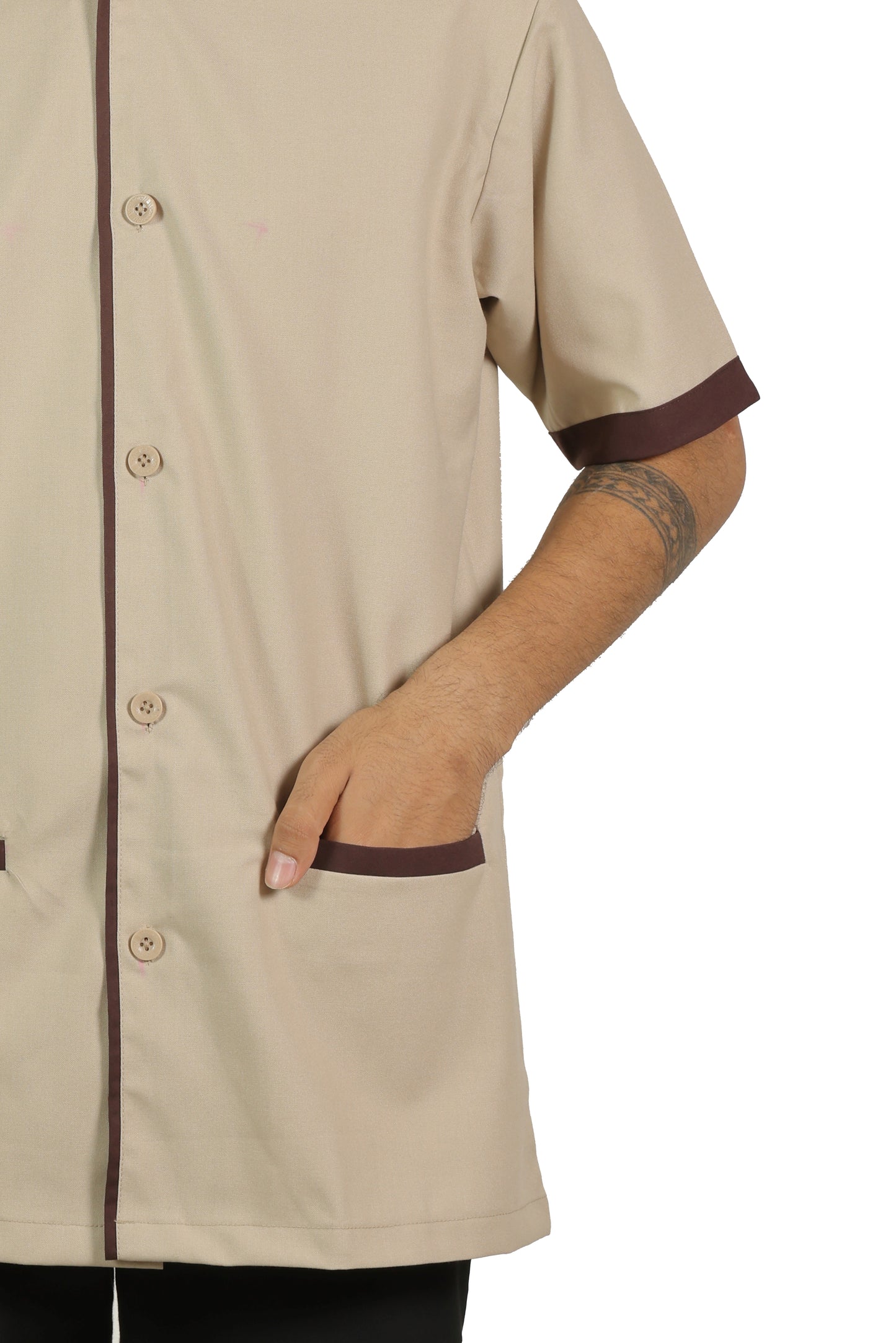 San Martin Beige with brown piping housekeeping shirt chinese collar with front pockets polyester viscose durable breathable heat resistance fabric
