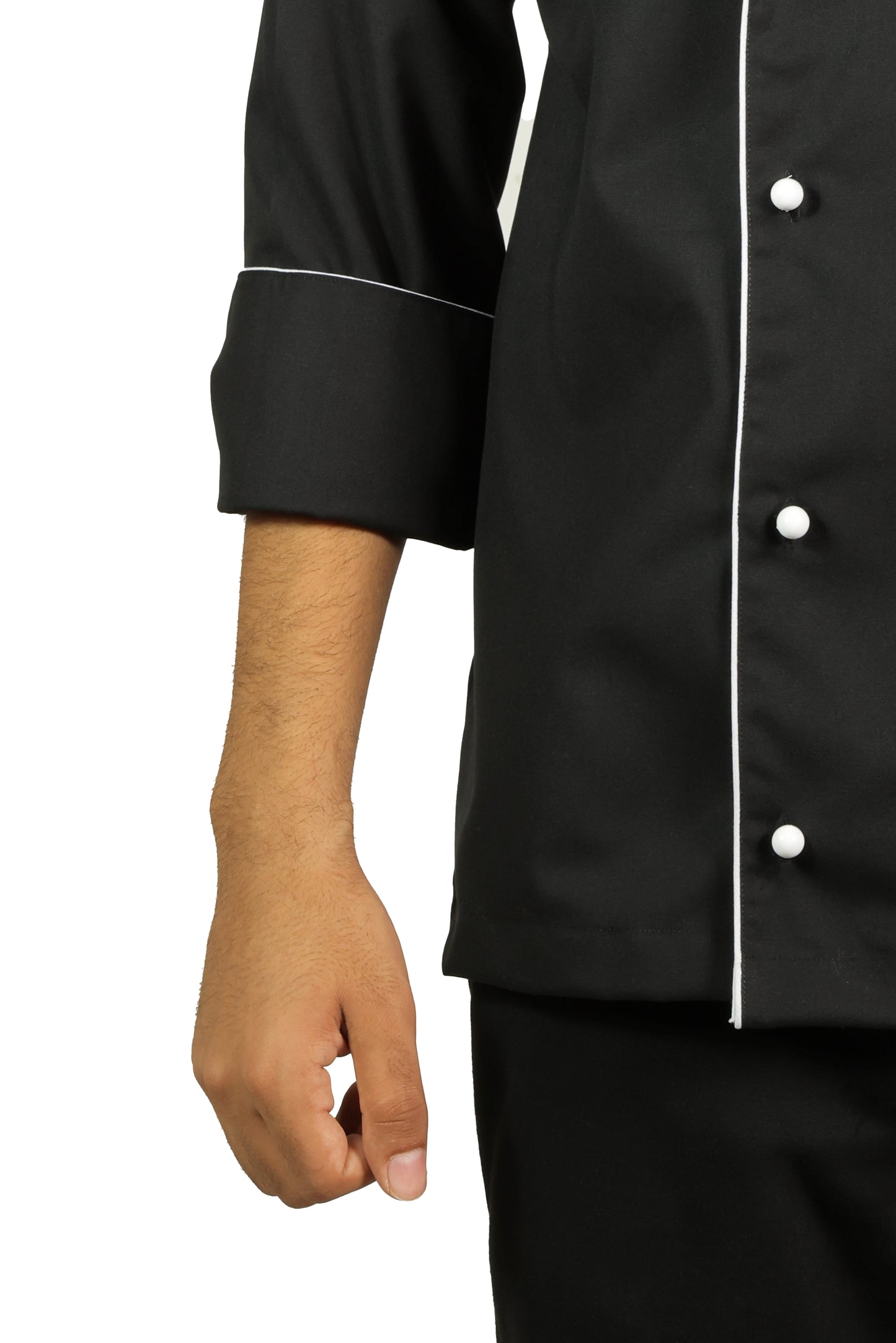 San Martin Black chef coat full sleeves with Single piping and mushroom buttons with durable breathable heat resistance fabric