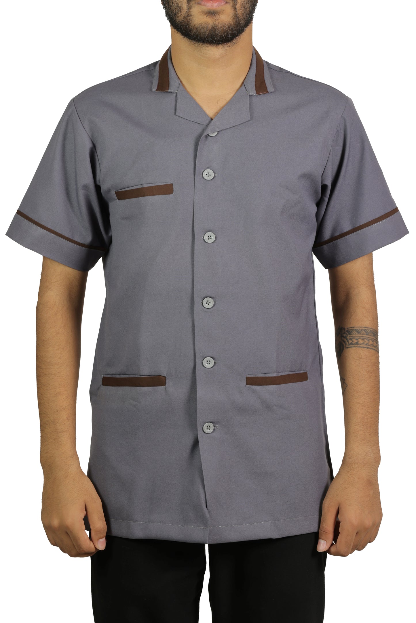 San Martin Gray with brown piping housekeeping shirt formal collar with front pockets polyester viscose durable breathable heat resistance fabric
