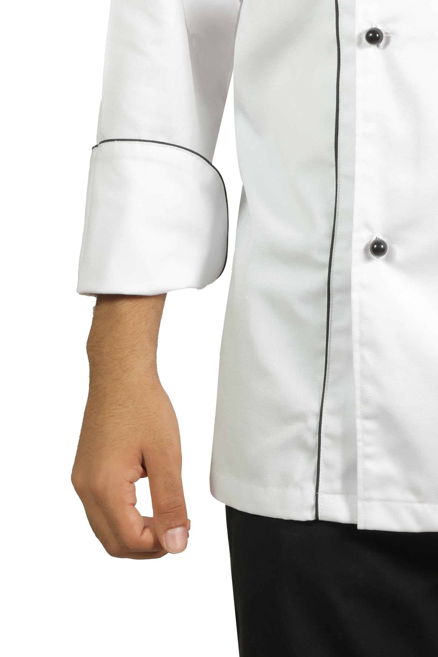 San Martin White chef coat full sleeves with Double piping and mushroom buttons with durable breathable heat resistance fabric
