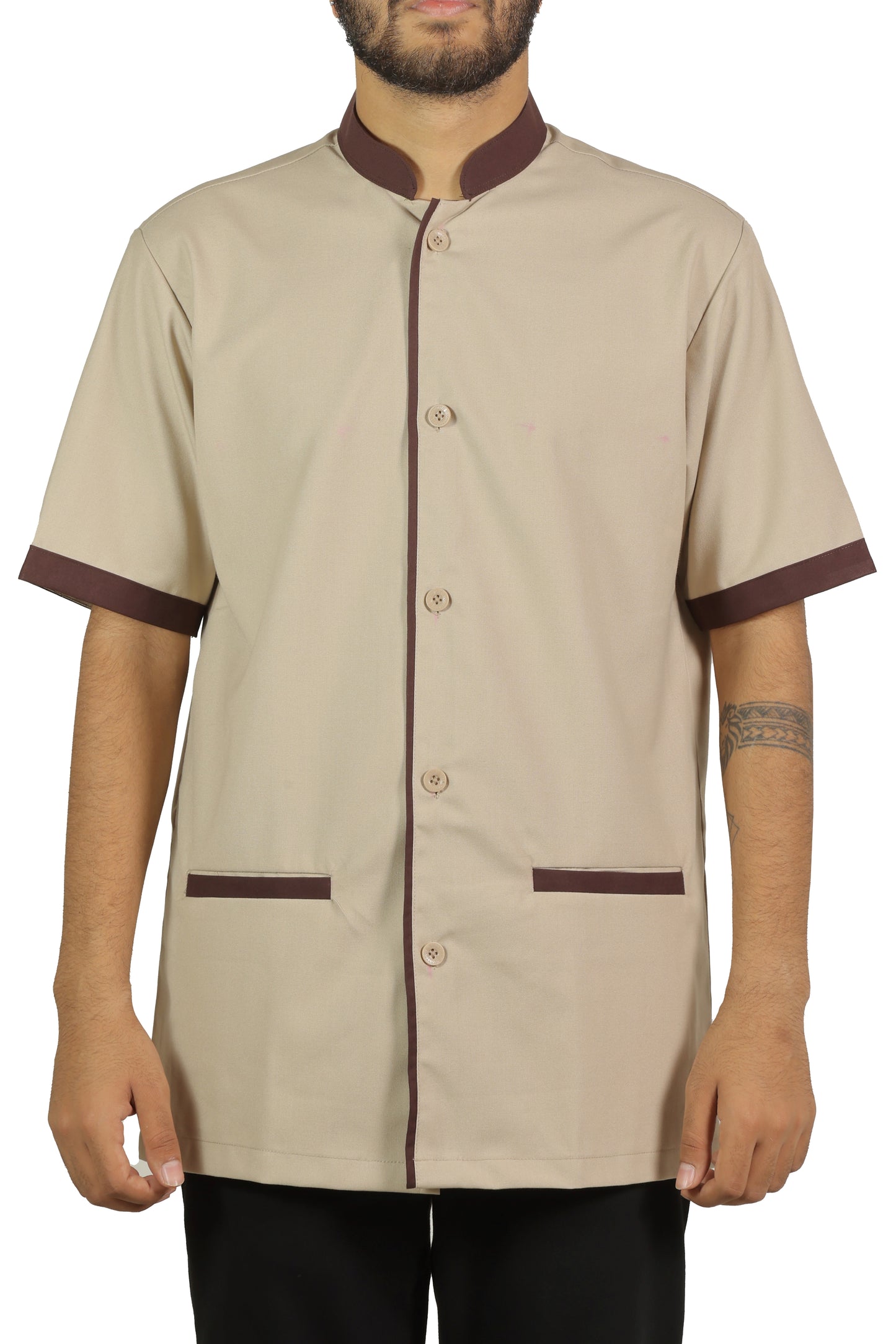San Martin Beige with brown piping housekeeping shirt chinese collar with front pockets polyester viscose durable breathable heat resistance fabric