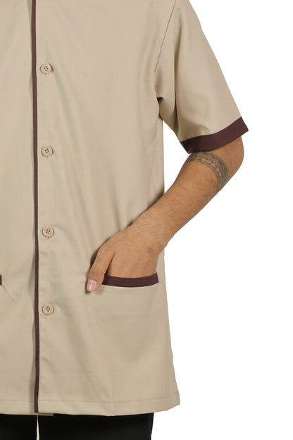 San Martin Beige with brown piping housekeeping shirt chinese collar with front pockets polyester viscose durable breathable heat resistance fabric