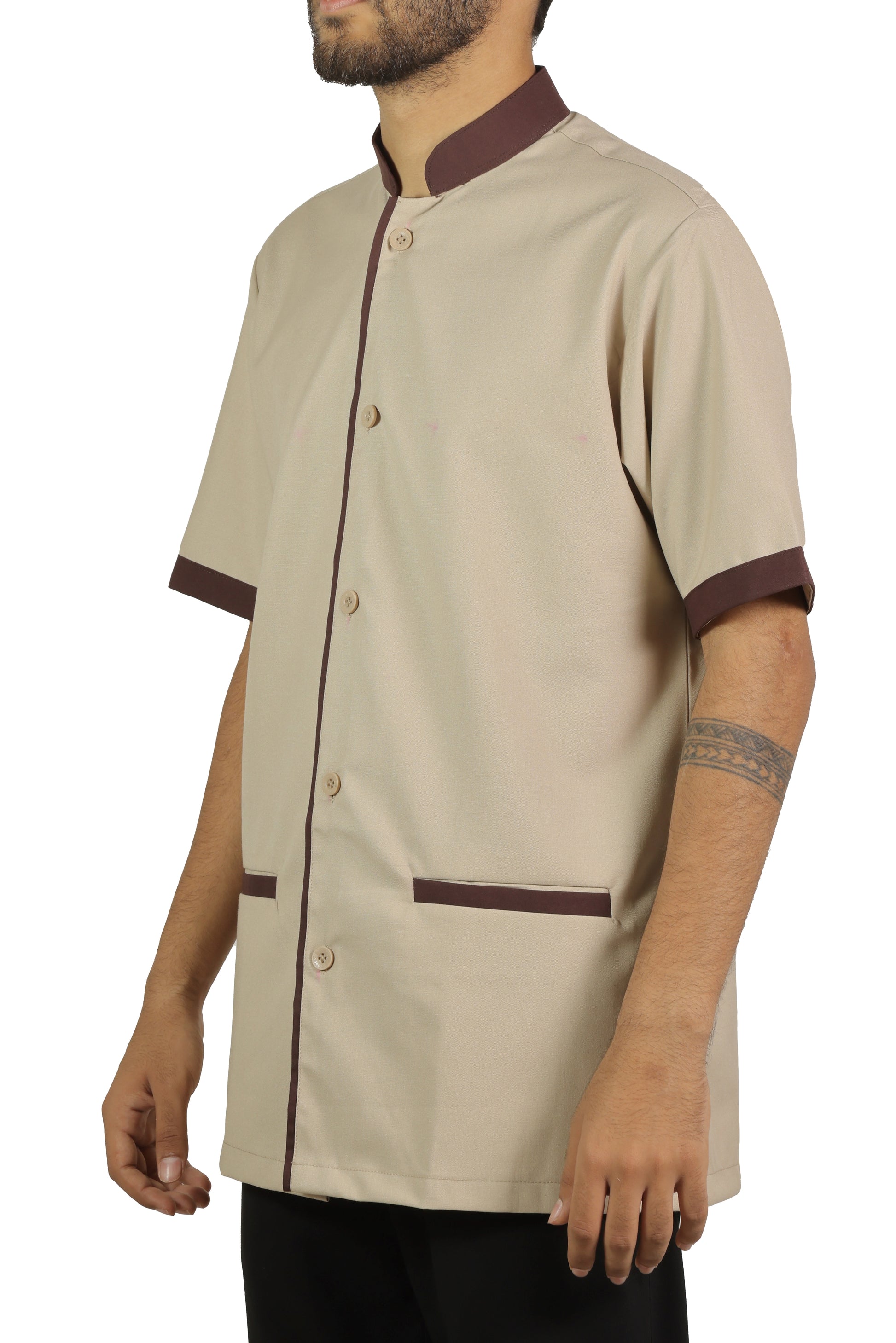 San Martin Beige with brown piping housekeeping shirt chinese collar with front pockets polyester viscose durable breathable heat resistance fabric