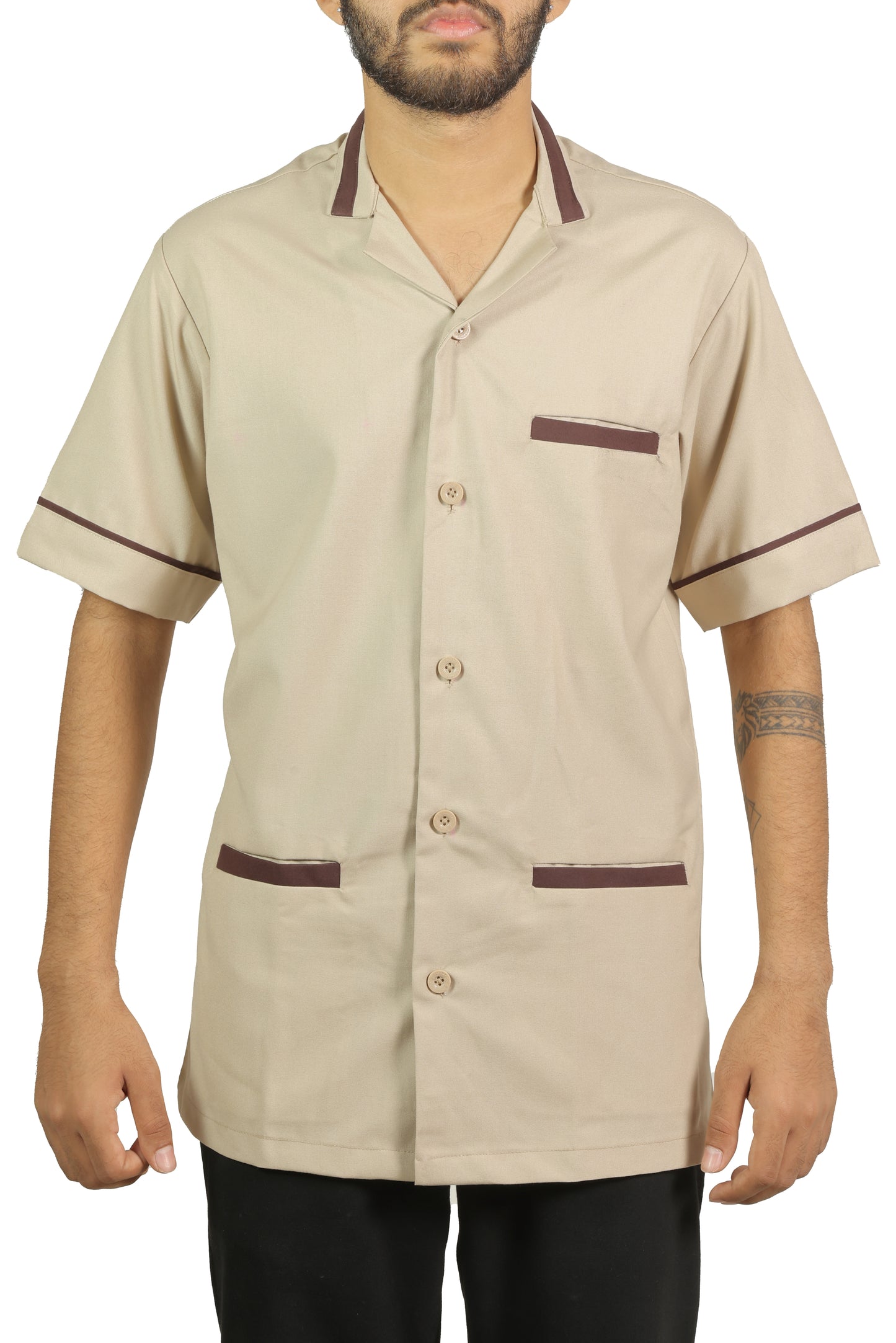 San Martin Beige with brown piping housekeeping shirt formal collar with front pockets polyester viscose durable breathable heat resistance fabric