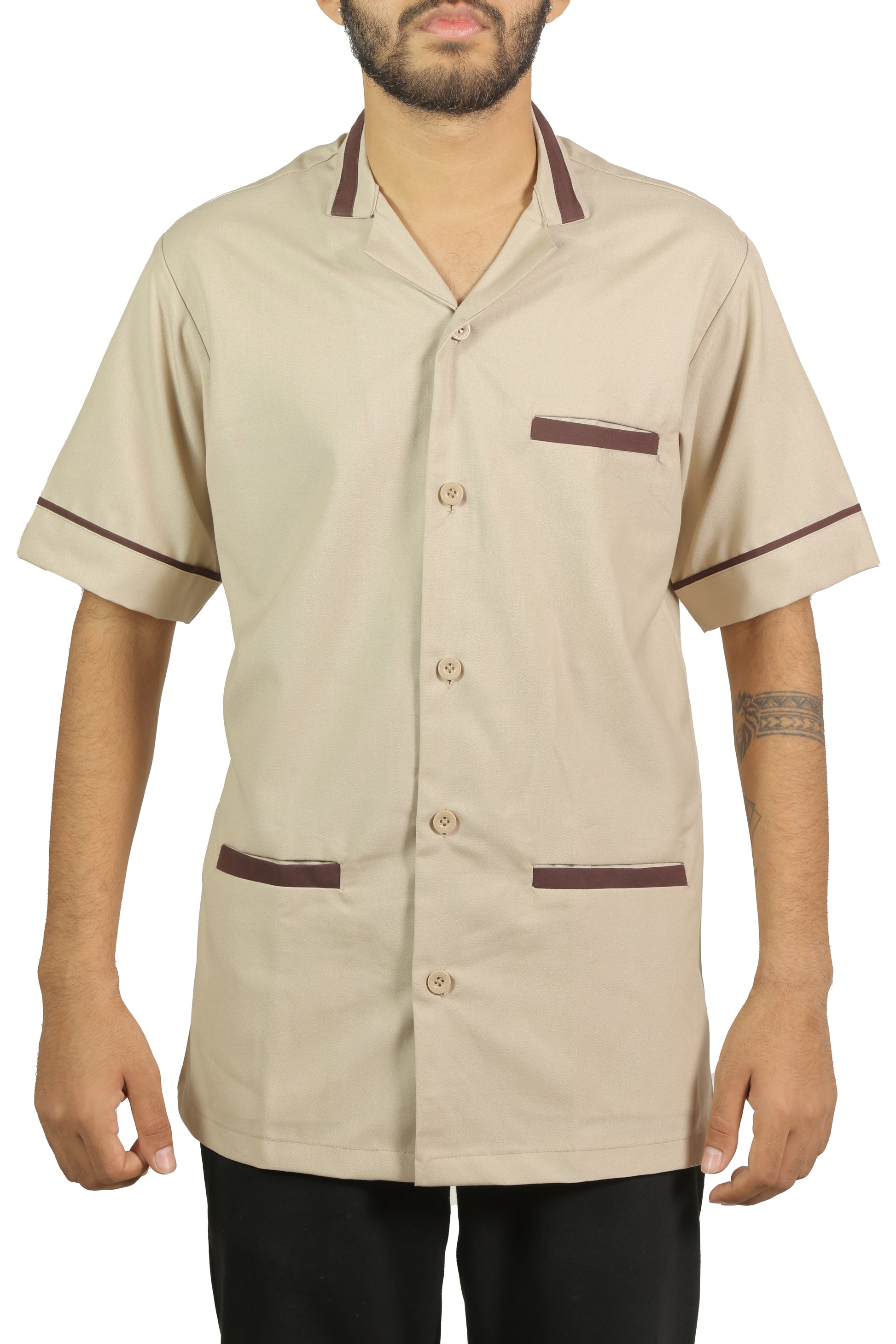San Martin Beige with brown piping housekeeping shirt formal collar with front pockets polyester viscose durable breathable heat resistance fabric