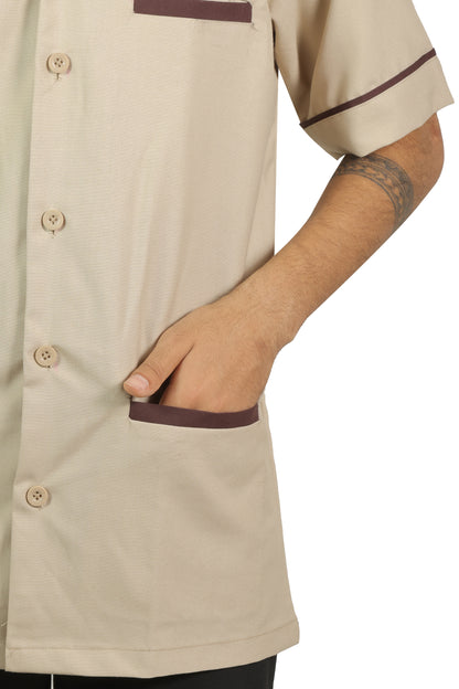 San Martin Beige with brown piping housekeeping shirt formal collar with front pockets polyester viscose durable breathable heat resistance fabric