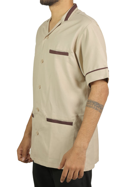 San Martin Beige with brown piping housekeeping shirt formal collar with front pockets polyester viscose durable breathable heat resistance fabric