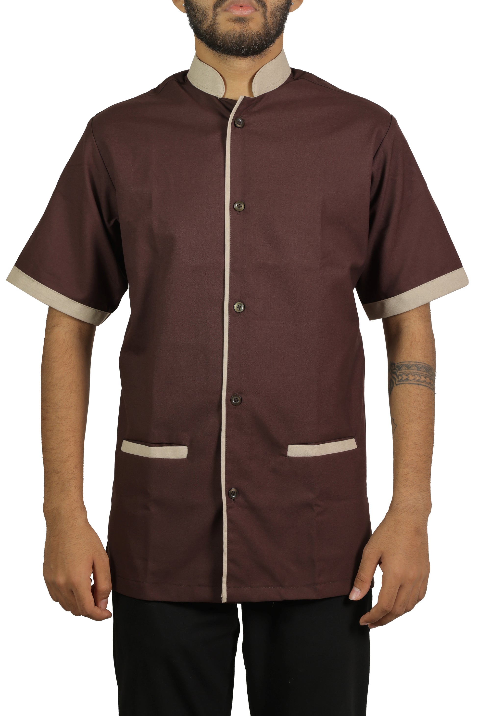 San Martin Brown with biege piping housekeeping shirt chinese collar with front pockets polyester viscose durable breathable heat resistance fabric