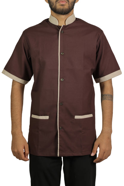 San Martin Brown with biege piping housekeeping shirt chinese collar with front pockets polyester viscose durable breathable heat resistance fabric