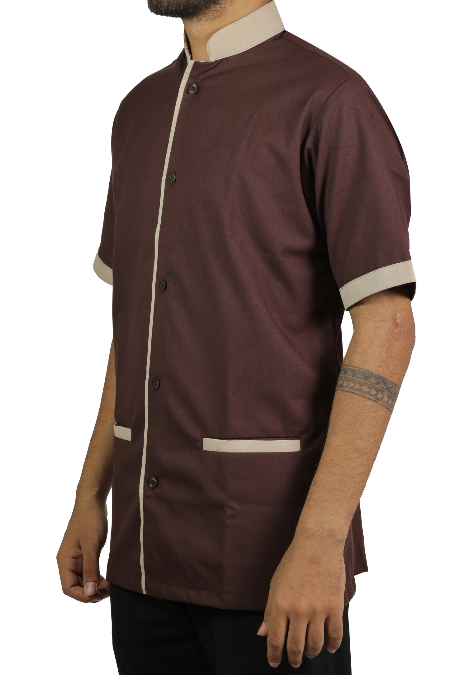 San Martin Brown with biege piping housekeeping shirt chinese collar with front pockets polyester viscose durable breathable heat resistance fabric
