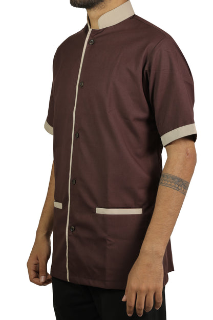 San Martin Brown with biege piping housekeeping shirt chinese collar with front pockets polyester viscose durable breathable heat resistance fabric