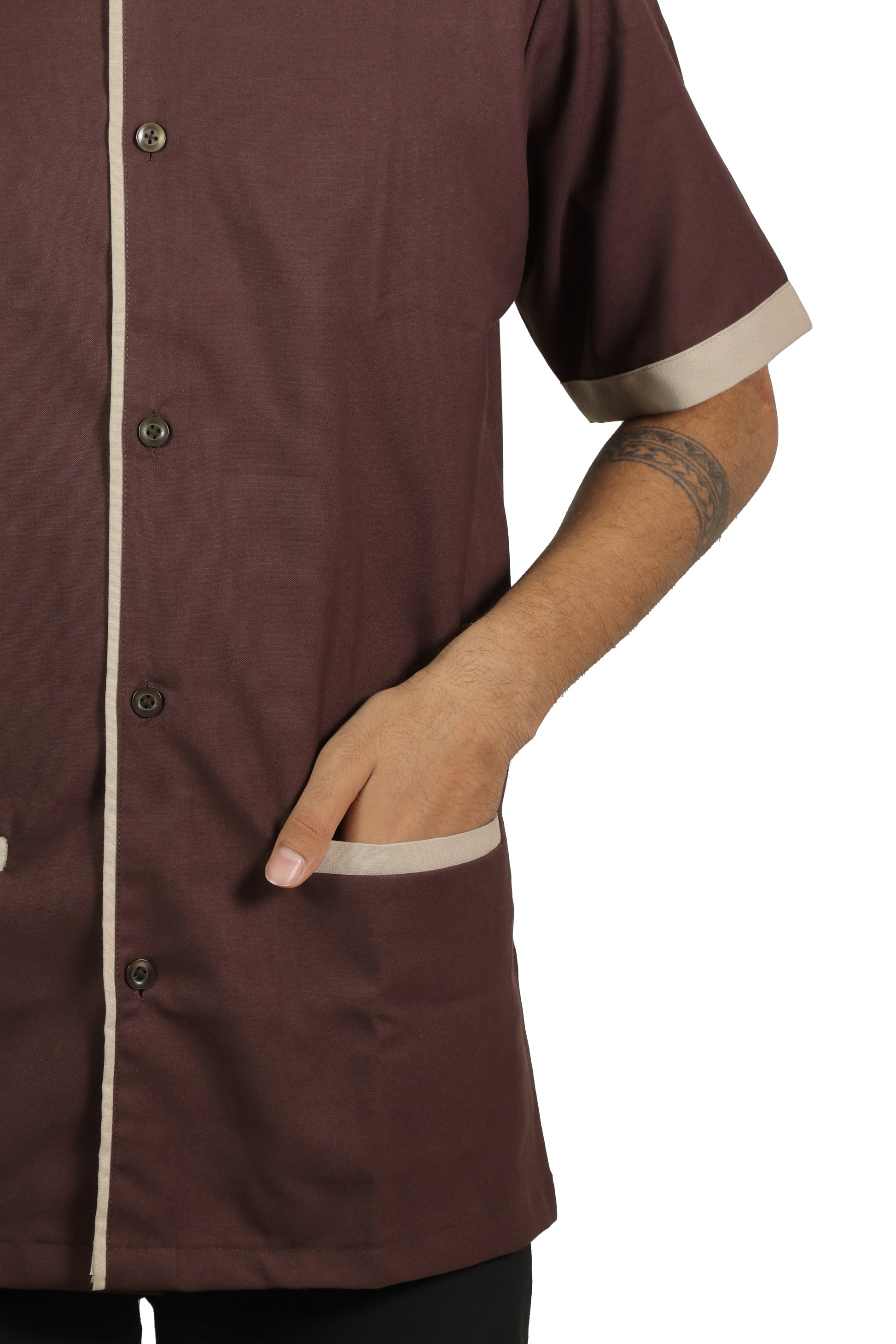 San Martin Brown with biege piping housekeeping shirt chinese collar with front pockets polyester viscose durable breathable heat resistance fabric