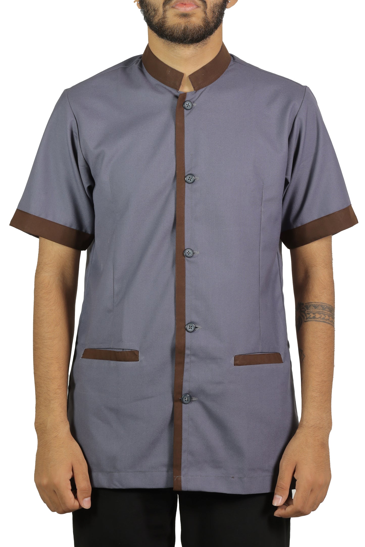 San Martin Gray with brown piping housekeeping shirt chinese collar with front pockets polyester viscose durable breathable heat resistance fabric