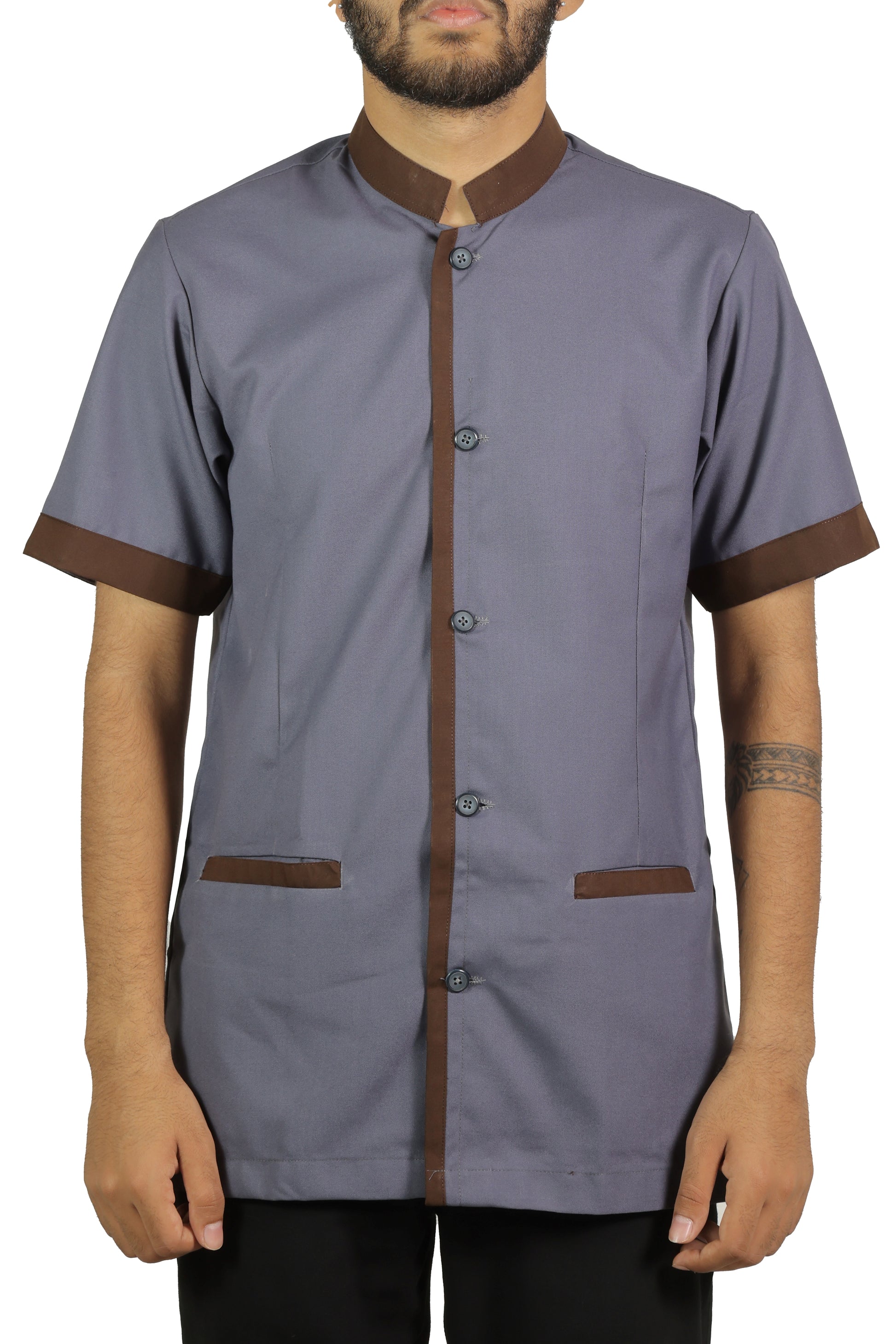 San Martin Gray with brown piping housekeeping shirt chinese collar with front pockets polyester viscose durable breathable heat resistance fabric