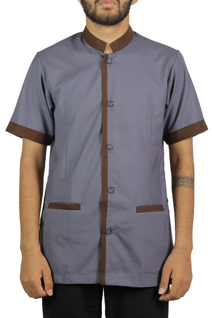 San Martin Gray with brown piping housekeeping shirt chinese collar with front pockets polyester viscose durable breathable heat resistance fabric