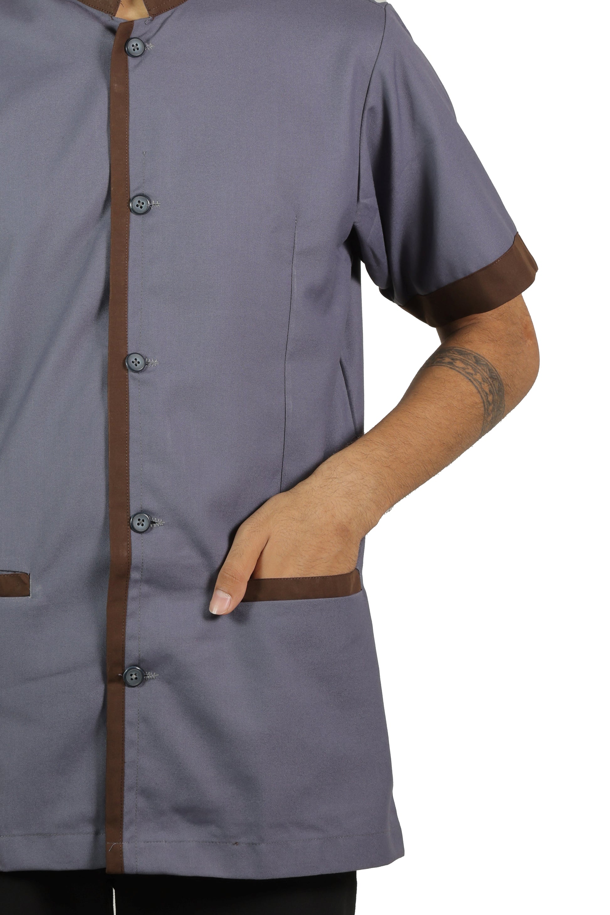 San Martin Gray with brown piping housekeeping shirt chinese collar with front pockets polyester viscose durable breathable heat resistance fabric