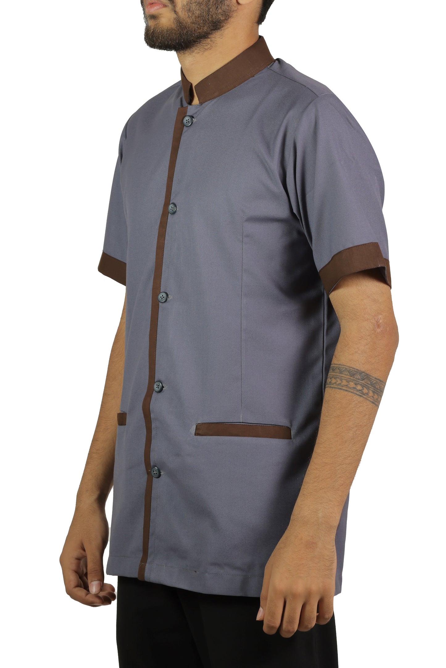 San Martin Gray with brown piping housekeeping shirt chinese collar with front pockets polyester viscose durable breathable heat resistance fabric