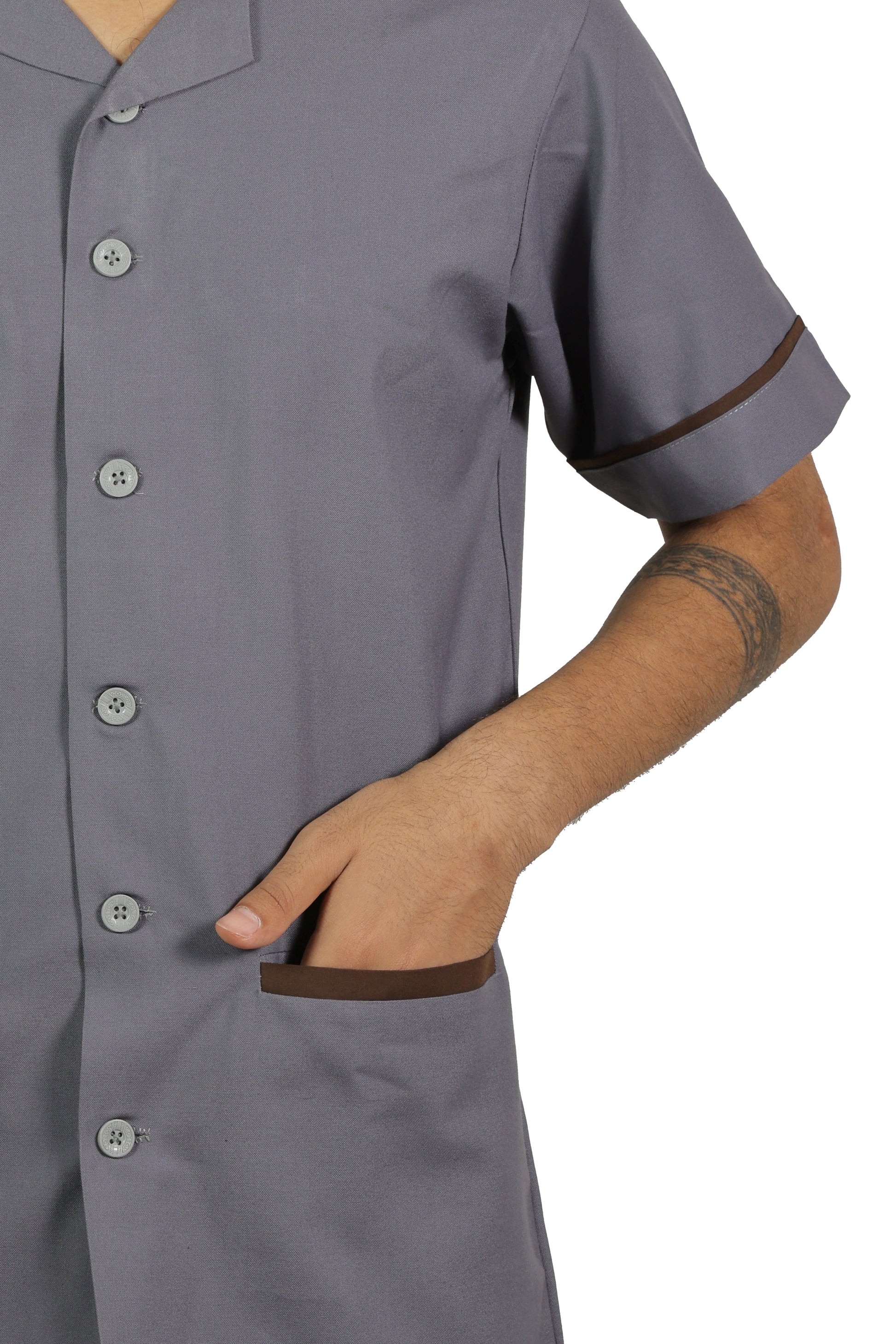 San Martin Gray with brown piping housekeeping shirt formal collar with front pockets polyester viscose durable breathable heat resistance fabric