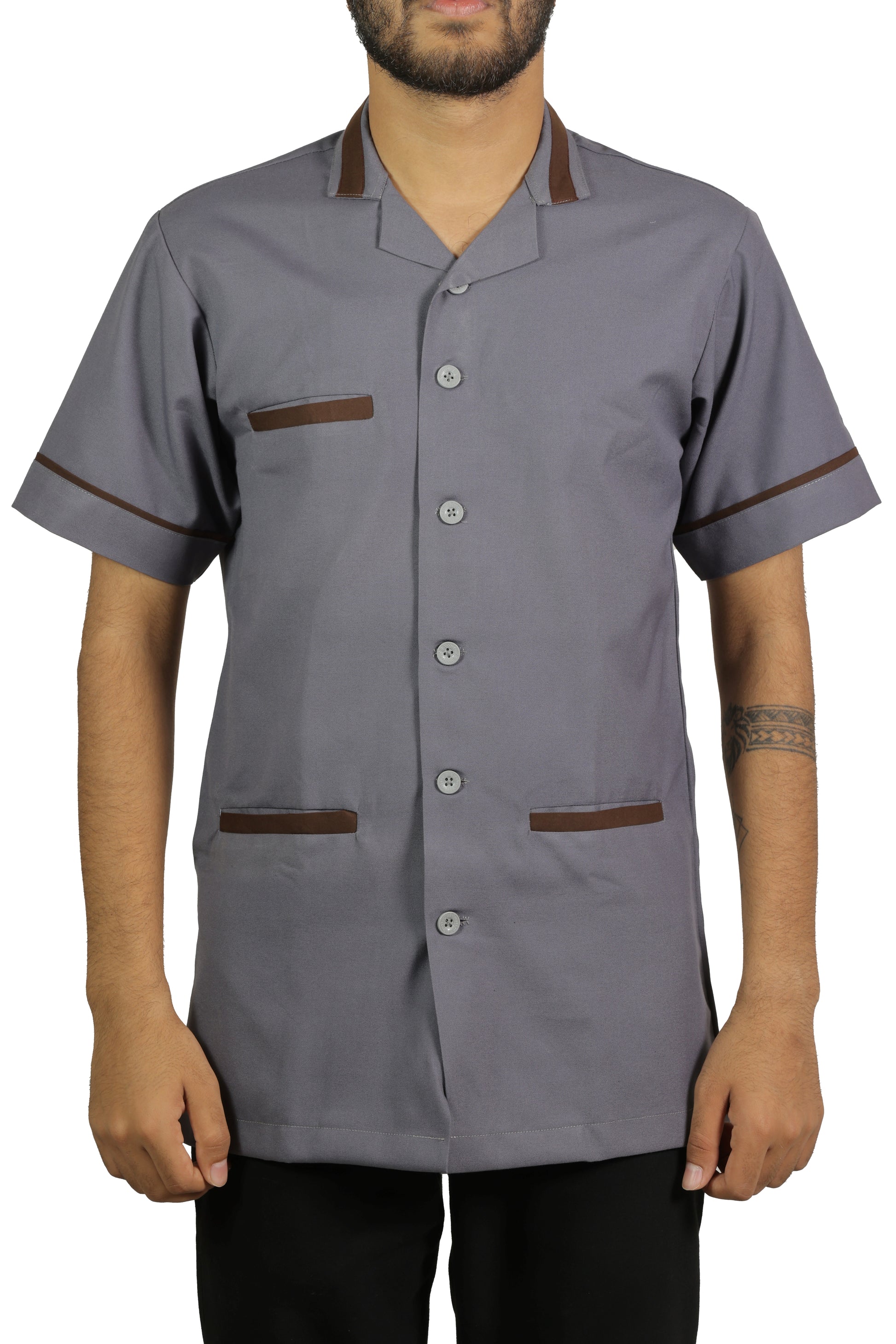 San Martin Gray with brown piping housekeeping shirt formal collar with front pockets polyester viscose durable breathable heat resistance fabric