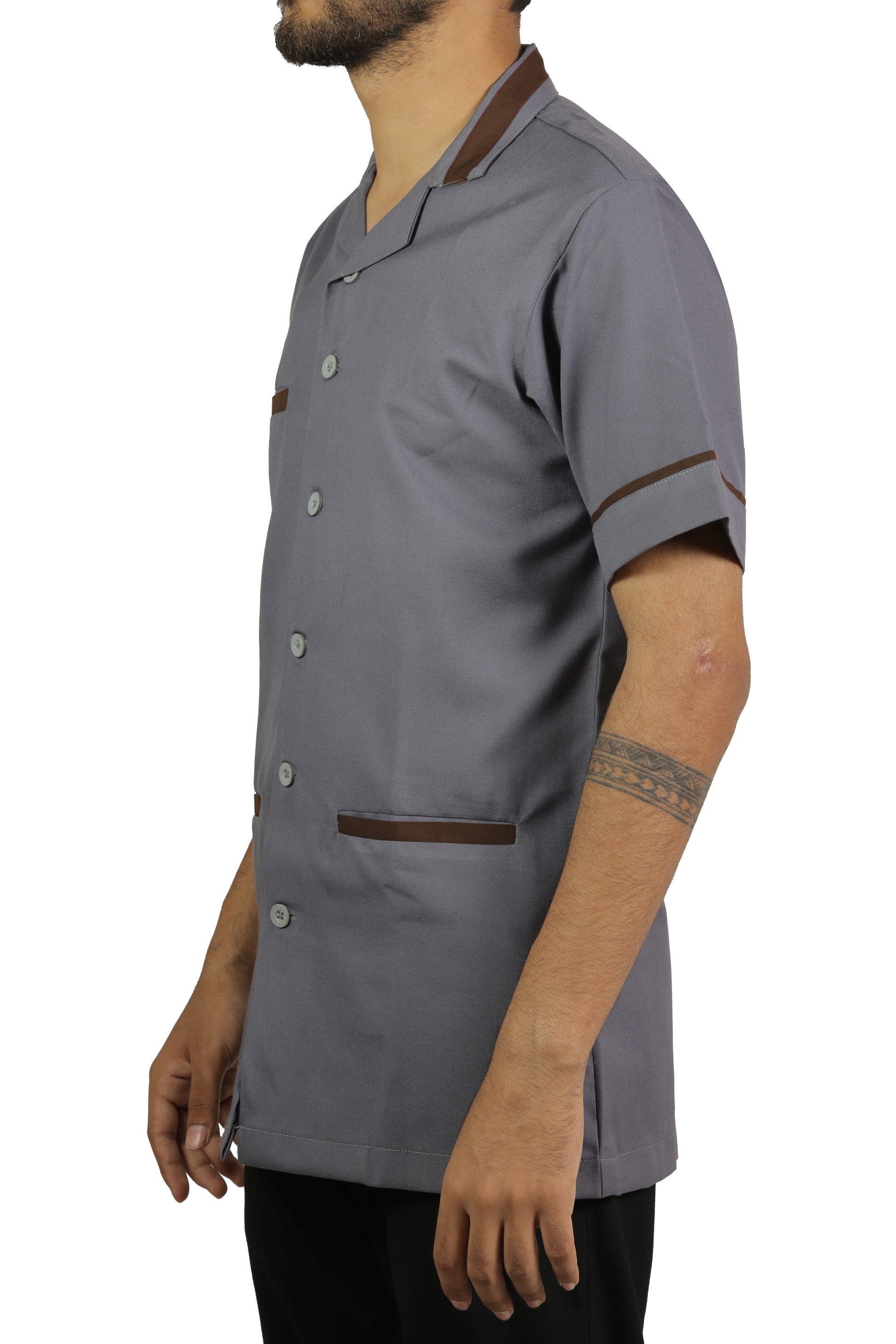 San Martin Gray with brown piping housekeeping shirt formal collar with front pockets polyester viscose durable breathable heat resistance fabric