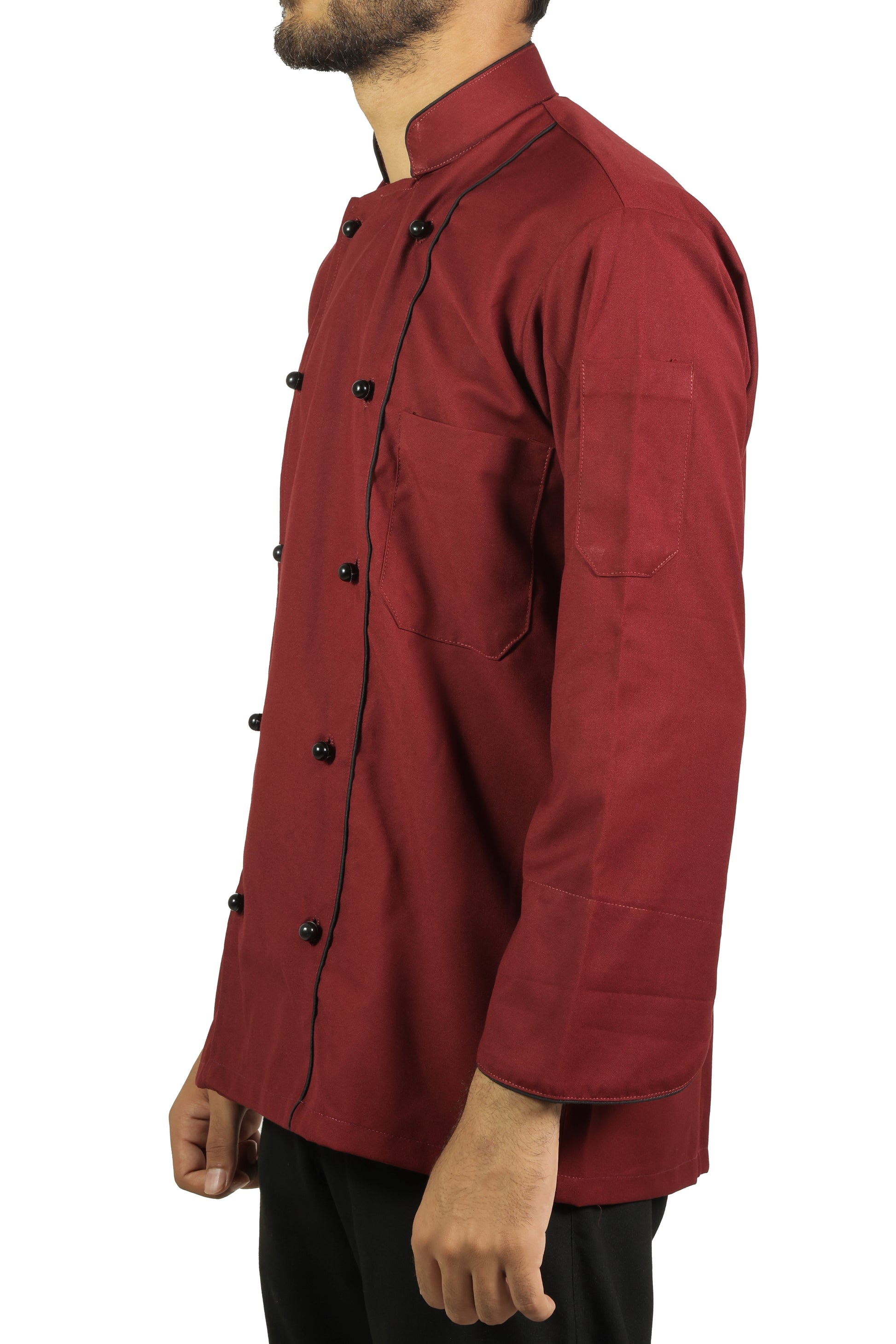 San Martin Maroon chef coat full sleeves with Double piping and mushroom buttons with durable breathable heat resistance fabric  
