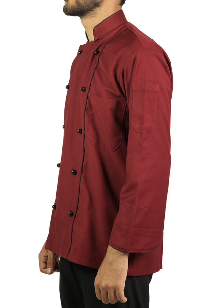 San Martin Maroon chef coat full sleeves with Double piping and mushroom buttons with durable breathable heat resistance fabric  