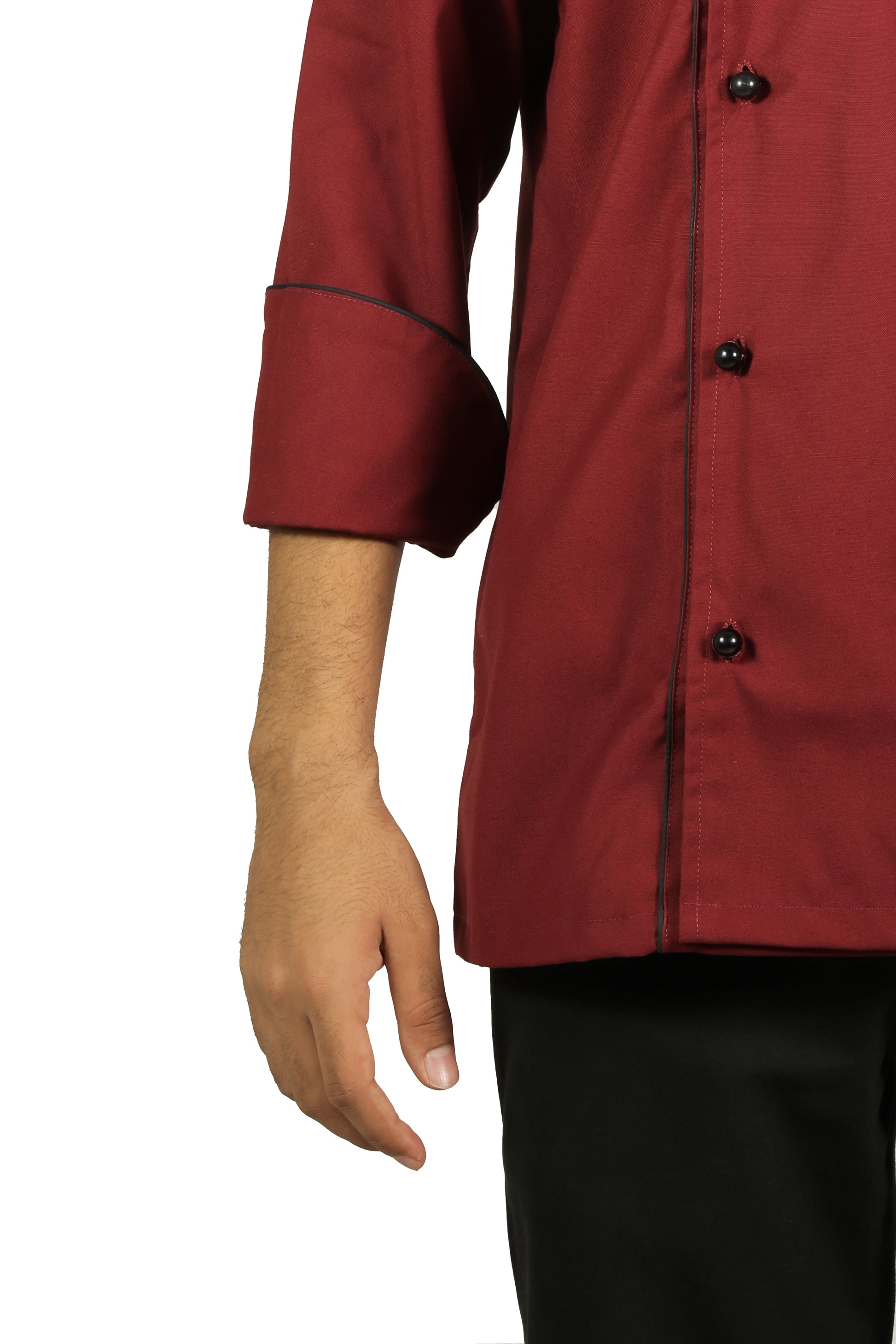 San Martin Maroon chef coat full sleeves with Double piping and mushroom buttons with durable breathable heat resistance fabric  