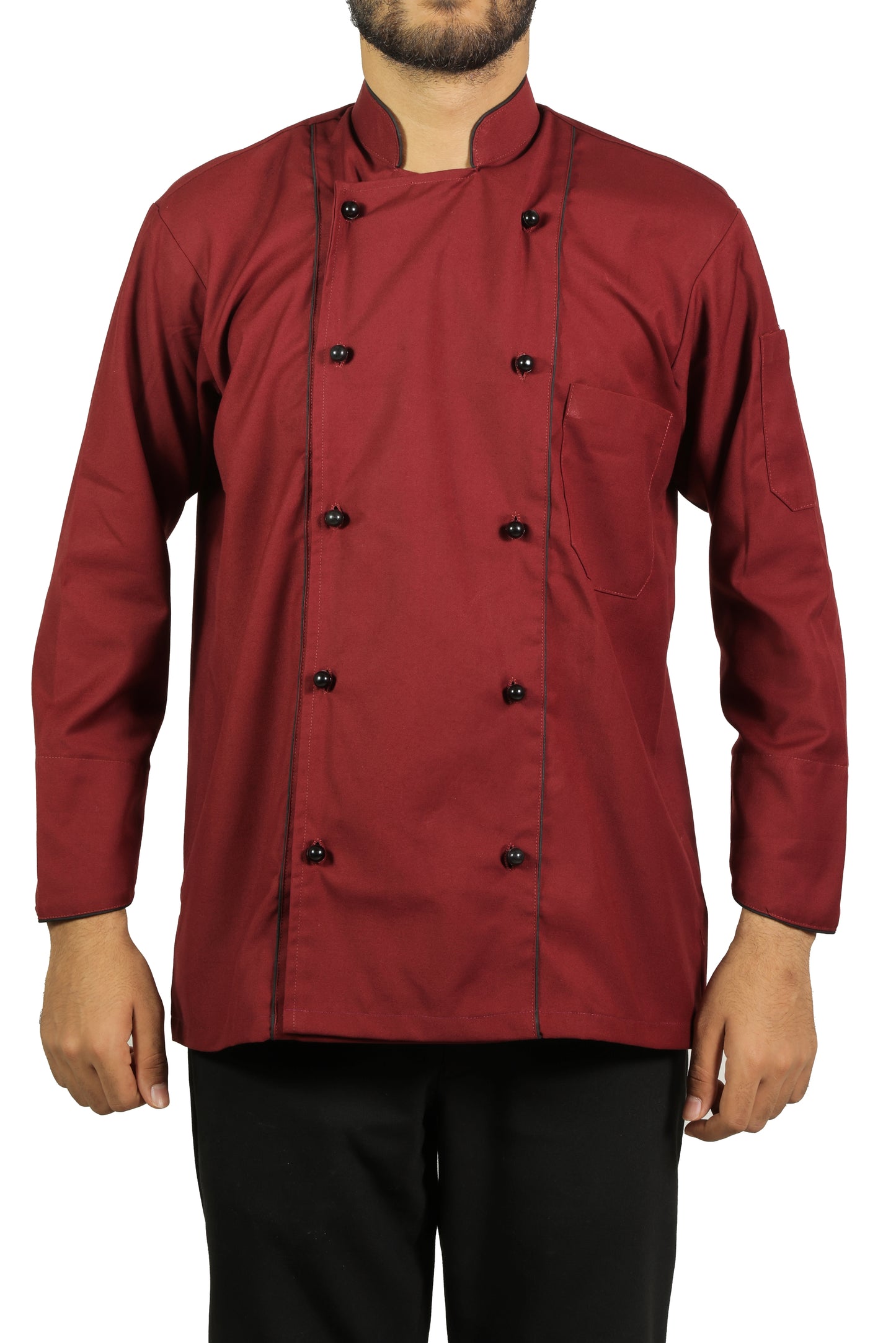 San Martin Maroon chef coat full sleeves with Double piping and mushroom buttons with durable breathable heat resistance fabric  